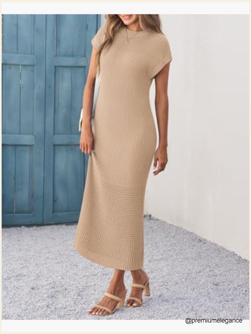 Ribbed Knit Maxi Dress Cap Sleeve Crewneck Casual Summer - Picture 4 of 7